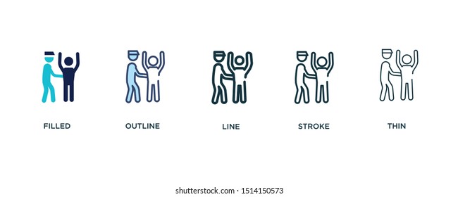 5 version of airport searchor icon such as two color filled, colorful outline, simple line, stroke and thin vector illustrations can be use for web and mobile
