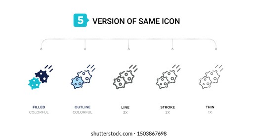 5 version of asteroid icon such as two color filled, colorful outline, simple line, stroke and thin vector illustrations can be use for web and mobile