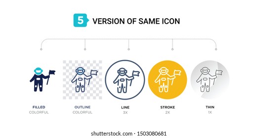 5 version of astronaut and flag icon such as two color, blue filled, outline in transparent, line in round, stroke on orange, thin on gray illustrations can be use for web & mobile