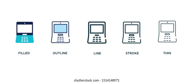 5 version of atm icon such as two color filled, colorful outline, simple line, stroke and thin vector illustrations can be use for web and mobile