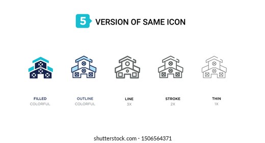 5 version of barn icon such as two color filled, colorful outline, simple line, stroke and thin vector illustrations can be use for web and mobile