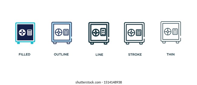 5 version of big safe box icon such as two color filled, colorful outline, simple line, stroke and thin vector illustrations can be use for web and mobile