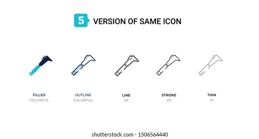 5 version of billhook icon such as two color filled, colorful outline, simple line, stroke and thin vector illustrations can be use for web and mobile