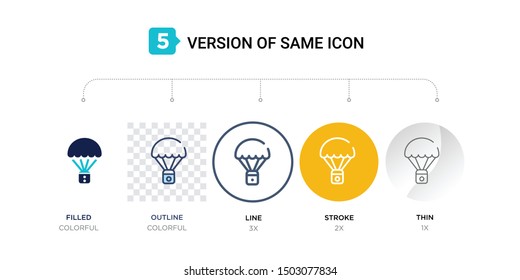 5 version of capsule parachute icon such as two color, blue filled, outline in transparent, line in round, stroke on orange, thin on gray illustrations can be use for web & mobile