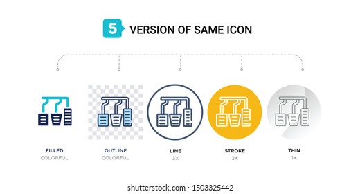 5 version of car accelerator icon such as two color, blue filled, outline, line in round, stroke on orange, thin on gray illustrations can be use for web and mobile