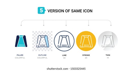 5 version of car bonnet icon such as two color, blue filled, outline, line in round, stroke on orange, thin on gray illustrations can be use for web and mobile