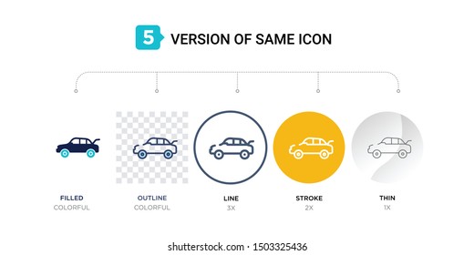 5 version of car boot icon such as two color, blue filled, outline, line in round, stroke on orange, thin on gray illustrations can be use for web and mobile