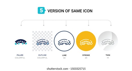 5 version of car brake pad icon such as two color, blue filled, outline, line in round, stroke on orange, thin on gray illustrations can be use for web and mobile