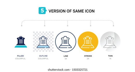 5 version of car bucket seat icon such as two color, blue filled, outline, line in round, stroke on orange, thin on gray illustrations can be use for web and mobile