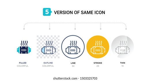 5 version of car catalytic converter icon such as two color, blue filled, outline, line in round, stroke on orange, thin on gray illustrations can be use for web and mobile