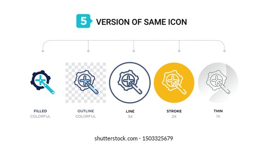 5 version of car crank icon such as two color, blue filled, outline, line in round, stroke on orange, thin on gray illustrations can be use for web and mobile