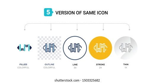 5 version of car crankshaft icon such as two color, blue filled, outline, line in round, stroke on orange, thin on gray illustrations can be use for web and mobile