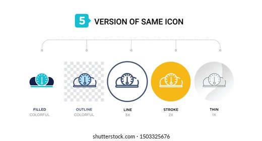 5 version of car dashboard icon such as two color, blue filled, outline, line in round, stroke on orange, thin on gray illustrations can be use for web and mobile