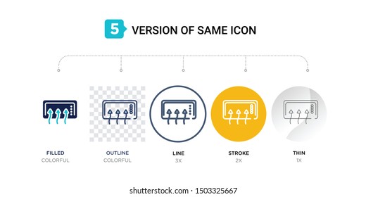 5 version of car demister icon such as two color, blue filled, outline, line in round, stroke on orange, thin on gray illustrations can be use for web and mobile