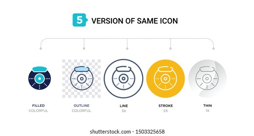 5 version of car disc brake icon such as two color, blue filled, outline, line in round, stroke on orange, thin on gray illustrations can be use for web and mobile