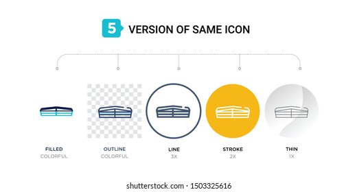 5 version of car grille or radiator icon such as two color, blue filled, outline, line in round, stroke on orange, thin on gray illustrations can be use for web and mobile