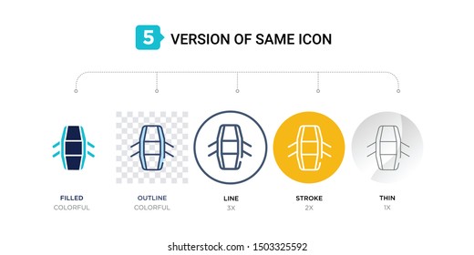 5 version of car indicator icon such as two color, blue filled, outline, line in round, stroke on orange, thin on gray illustrations can be use for web and mobile