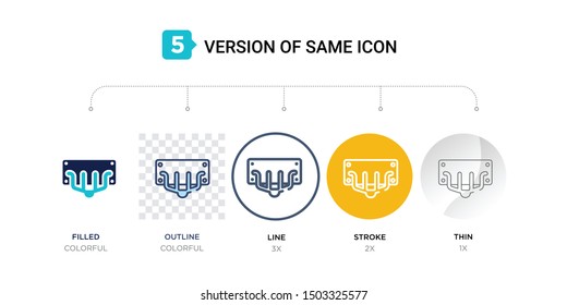 5 version of car manifold icon such as two color, blue filled, outline, line in round, stroke on orange, thin on gray illustrations can be use for web and mobile