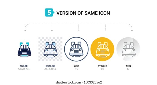 5 version of car parcel shelf icon such as two color, blue filled, outline, line in round, stroke on orange, thin on gray illustrations can be use for web and mobile