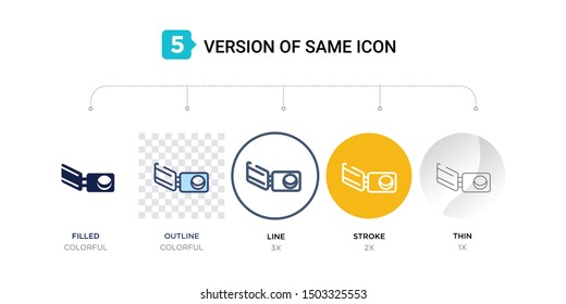 5 version of car petrol cap icon such as two color, blue filled, outline, line in round, stroke on orange, thin on gray illustrations can be use for web and mobile