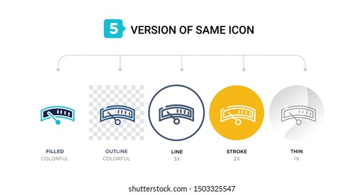 5 version of car petrol gauge icon such as two color, blue filled, outline, line in round, stroke on orange, thin on gray illustrations can be use for web and mobile