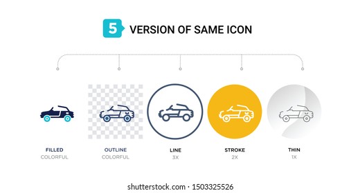 5 version of car roof icon such as two color, blue filled, outline, line in round, stroke on orange, thin on gray illustrations can be use for web and mobile