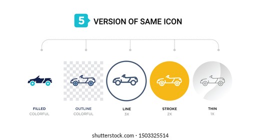 5 version of car soft top icon such as two color, blue filled, outline, line in round, stroke on orange, thin on gray illustrations can be use for web and mobile