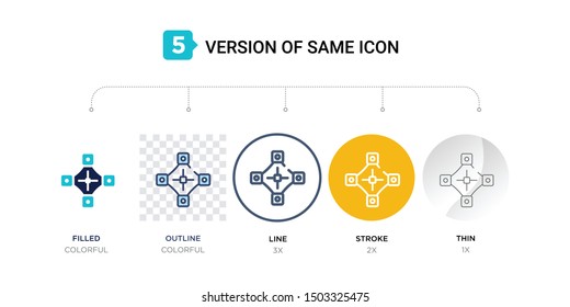 5 version of car universal joint icon such as two color, blue filled, outline, line in round, stroke on orange, thin on gray illustrations can be use for web and mobile