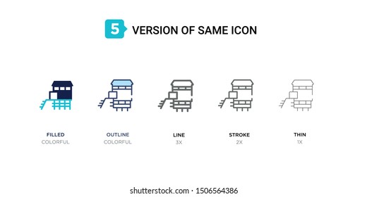 5 version of chicken coop icon such as two color filled, colorful outline, simple line, stroke and thin vector illustrations can be use for web and mobile