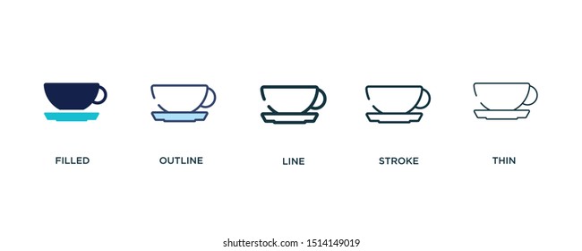 5 version of coffee cup icon such as two color filled, colorful outline, simple line, stroke and thin vector illustrations can be use for web and mobile