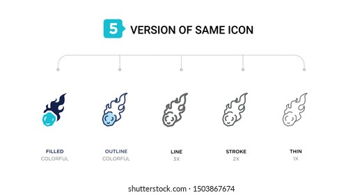 5 version of comet icon such as two color filled, colorful outline, simple line, stroke and thin vector illustrations can be use for web and mobile
