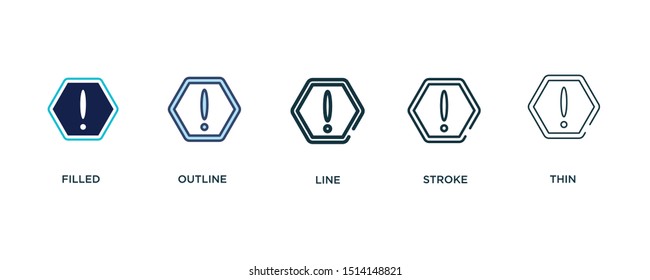 5 version of danger sing icon such as two color filled, colorful outline, simple line, stroke and thin vector illustrations can be use for web and mobile