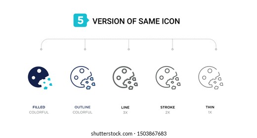 5 version of destroyed planet icon such as two color filled, colorful outline, simple line, stroke and thin vector illustrations can be use for web and mobile