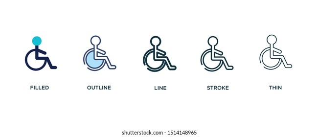 5 version of disable sign icon such as two color filled, colorful outline, simple line, stroke and thin vector illustrations can be use for web and mobile