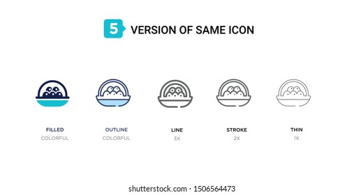5 version of egg icon such as two color filled, colorful outline, simple line, stroke and thin vector illustrations can be use for web and mobile