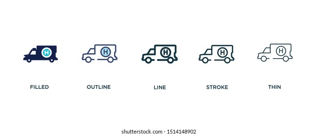 5 version of emergency truck icon such as two color filled, colorful outline, simple line, stroke and thin vector illustrations can be use for web and mobile
