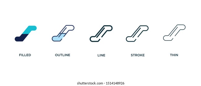 5 version of escalator icon such as two color filled, colorful outline, simple line, stroke and thin vector illustrations can be use for web and mobile