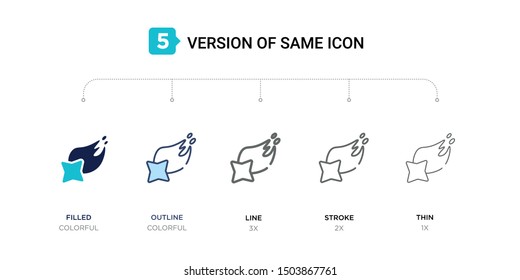5 version of falling star icon such as two color filled, colorful outline, simple line, stroke and thin vector illustrations can be use for web and mobile