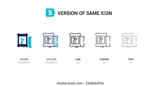 5 version of fertilizer icon such as two color filled, colorful outline, simple line, stroke and thin vector illustrations can be use for web and mobile