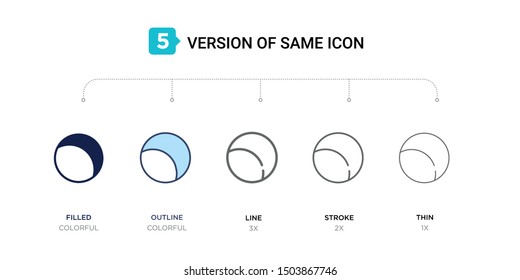 5 version of half moon icon such as two color filled, colorful outline, simple line, stroke and thin vector illustrations can be use for web and mobile