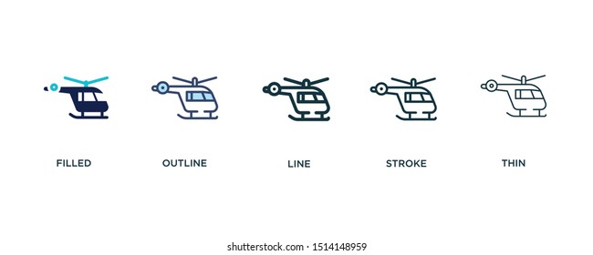 5 version of helicopter flying icon such as two color filled, colorful outline, simple line, stroke and thin vector illustrations can be use for web and mobile