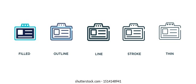 5 version of identification badge icon such as two color filled, colorful outline, simple line, stroke and thin vector illustrations can be use for web and mobile