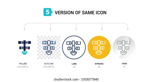 5 Version Of International Space Station Icon Such As Two Color, Blue Filled, Outline In Transparent, Line In Round, Stroke On Orange, Thin On Gray Illustrations Can Be Use For Web & Mobile