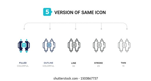 5 version of jet pack icon such as two color filled, colorful outline, simple line, stroke and thin vector illustrations can be use for web and mobile
