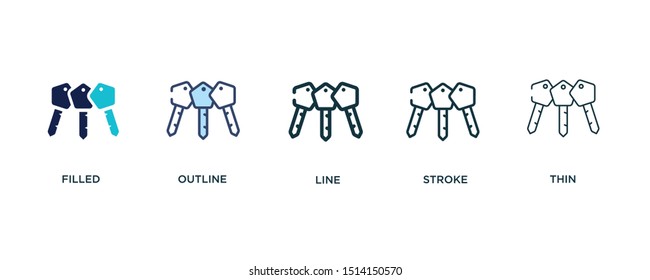 5 version of key with key chain icon such as two color filled, colorful outline, simple line, stroke and thin vector illustrations can be use for web and mobile