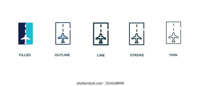 5 version of landing runway icon such as two color filled, colorful outline, simple line, stroke and thin vector illustrations can be use for web and mobile