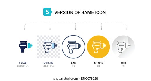 5 version of laser gun icon such as two color, blue filled, outline in transparent, line in round, stroke on orange, thin on gray illustrations can be use for web & mobile