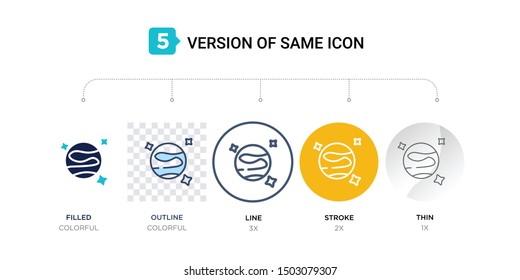 5 version of mars with satellite icon such as two color, blue filled, outline in transparent, line in round, stroke on orange, thin on gray illustrations can be use for web & mobile