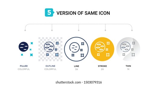 5 version of neptune with satellite icon such as two color, blue filled, outline in transparent, line in round, stroke on orange, thin on gray illustrations can be use for web & mobile