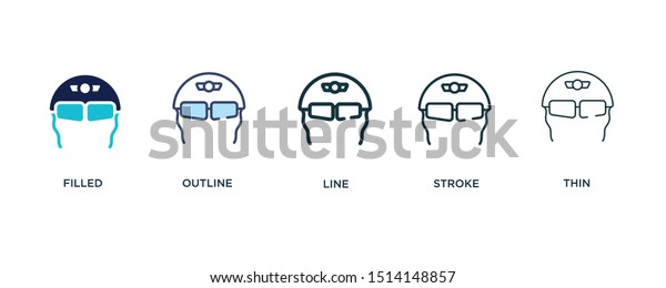 5 version of pilot glasses icon\
such as two color filled, colorful outline, simple line, stroke and\
thin vector illustrations can be use for web and\
mobile